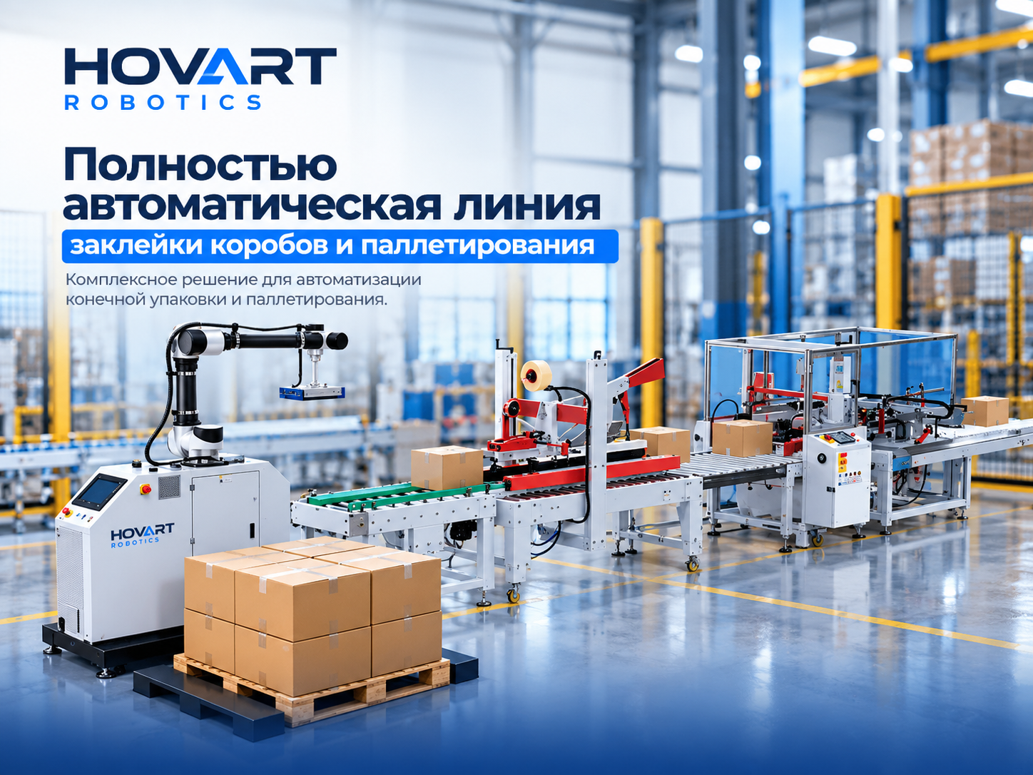 Полностью автоматическая линия заклейки коробов и паллетирования HOVART ROBOTICS